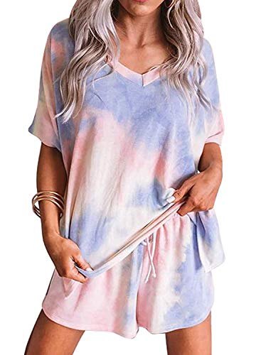 AROGONE Womens Tie Dye Printed Short Sleeve Pajama Set Tops with Drawstring Shorts Loungewear PJ Set Nightwear Sleepwear Purple Medium