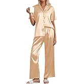 Ekouaer Womens Silk Pajama Sets Short Sleeve Button Down Shirt with Long Pants Soft Sleepwear Satin Pjs Lounge Set S-XXL