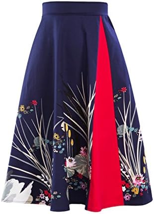AKENA Women's Vintage Floral Print Pleated A Line Flare Skirt Knee Length Skater Midi Skirts Navy Blue X-Large