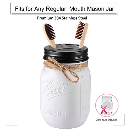 Mason Jar Bathroom Accessories Lids Set(4pcs) - Jars Not Included - Soap Dispenser,Toothbrush Holder,and Apothecary Storage Jars Lids for Regular Mouth Mason Jars - Rustproof Stainless Steel,Black