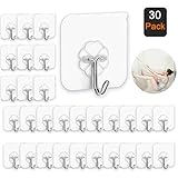 Adhesive Hooks Utility Hooks Kitchen Wall Hooks, 22lb(Max) Transparent Reusable Seamless Hooks, Waterproof and Oilproof,Bathroom Kitchen Heavy Duty Self Adhesive Hooks, 30 Pack