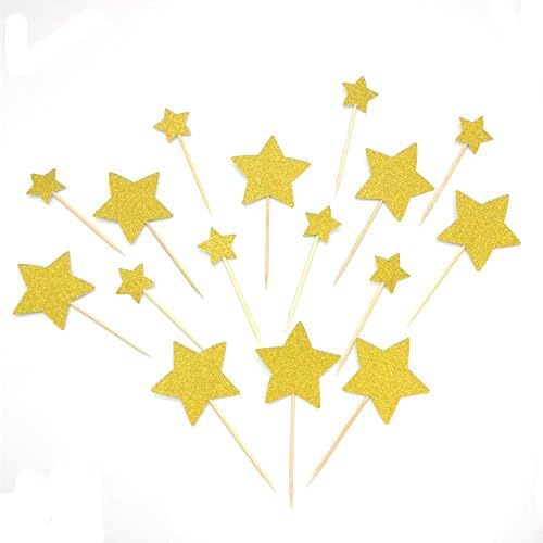 HEMARTY 40 Pcs Twinkle Gold Star Cupcake Toppers Glitter Mini Birthday Cake Snack Decorations Picks Suppliers Party Accessories For Wedding Baby Shower