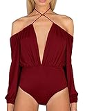 Allegrace Women Sexy String Halter Neck Bodysuit Off Shoulder Leotard Jumpsuit Wine Red S