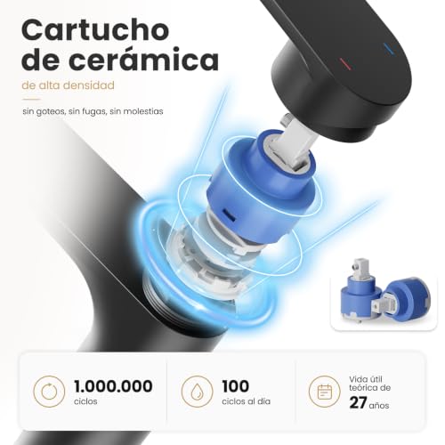 CECIPA Bathroom Sink Faucet Lead-Free Spout Height 11cm | Removable Flow Regulator with Flow Limiter, Water and Energy Saving, No Joystick, Black Finish