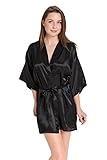 Aibrou Women's Kimono Robes Satin Pure Colour Short style with Oblique V-Neck