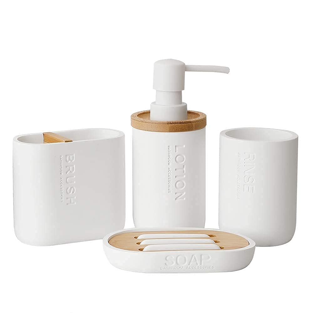 zhanwang Bamboo soap dispenser set, including decorative soap dish with wooden and bamboo accessories, toothbrush cup, toothbrush holder, and soap dispenser (white)