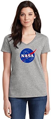 NASA Meatball Logo Ladies V-Neck Shirt Space Shuttle Rocket Science Geek Women Crop Tee (2X-Large, Gray)