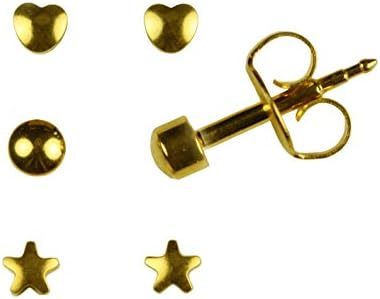 Set Of 3 Pairs Mini 24K Gold Over Surgical Stainless Steel 3Mm Plain Multi-Shape Stud Earrings