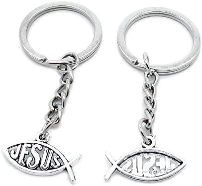 5 PCS Antique Silver Keyrings Keychains Key Ring Chains Tags Clasps AA461 Jesus Christian Fish