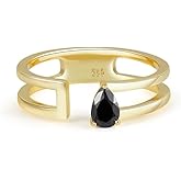 TRENDOLLA Gold Plated 925 Sterling Silver Fashion Ring with Black Obsidian Stone, Double Band Statement Ring for Women,