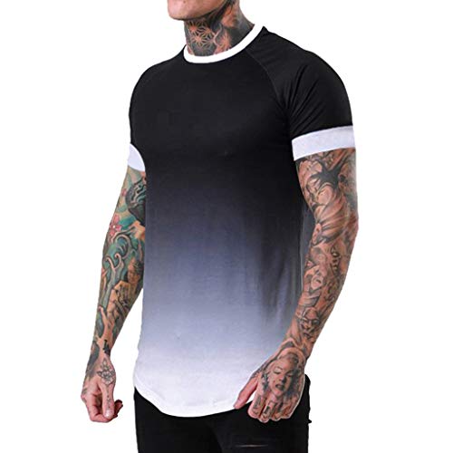 iYBUIA Summer Men's Patchwork Graduated Short Sleeved T-Shirt Top Blouse Black