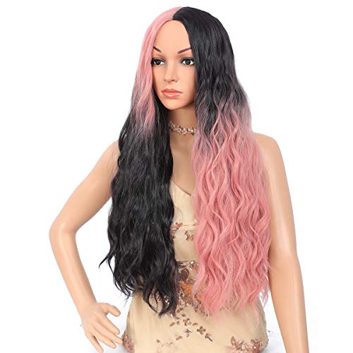 Amchoice Ombre Black and Pink Cosplay Wig for Women Long Curly Wavy Hair Wig Heat Resistant Synthetic Middle Part Wig for Daily Party Halloween 26 Inch