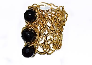 LA Artisans' Eclectic Collection, Modern design 18K Gold Filled Crochet Ring with turquoise, pearls or onix stone - us ring size 6.5