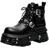 NXNBHSL Men’S Leather Platform Locomotive Combat Boots Lace Up Side Zipper Adjustable Buckle Lug Sole Non-Slip Ankle Boots Fashion Punk Motorcycle Boots