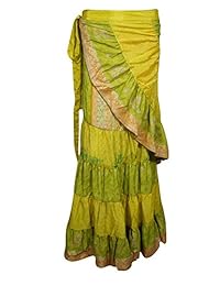 Mogul Interior Selina Womens Long Wrap Skirt Silk Sari Ruffled Edges Tiered