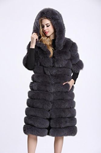 Alan13 Women's Long Coat Gray Fox Fur Overcoat with Hat Winter Outerwear(US 14)