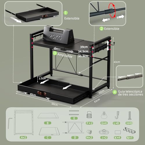NETEL Extendable 2 Tier Microwave Stand, Adjustable Countertop Microwave Shelf, Kitchen Countertop, Microwave Organizer with Cup Holder and Storage Drawer, Black