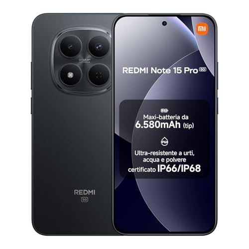 XIAOMI Redmi Note 15 Pro 5G, Smartphone 8+256GB, Batteria massiccia da 6580 mAh, IP66/IP68, Nuova fotocamera 200 MP, Display AMOLED da 6,83", Nero, Garanzia 2 anni, Caricatore non incluso