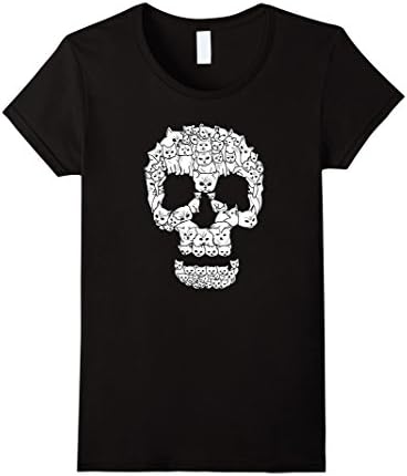 Womens Cute White Cat Kittens Skull Graphic Halloween T-Shirt Large Black