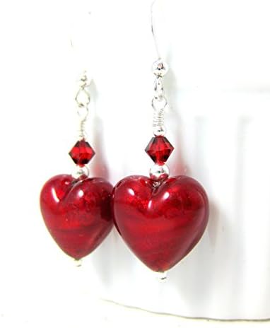 Red Heart Earrings Murano Glass Crystal Sterling Silver