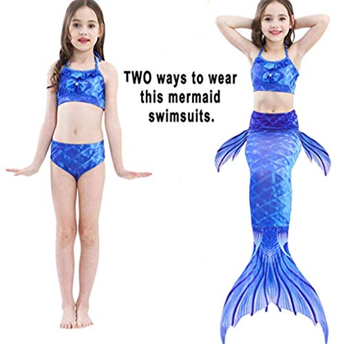 Kids Girls Sparkle Mermaid Tail with Monofin Swimmable Swimwear 4pcs Sets for Kids 3~10Years (110 (4-5 Years), A-Dark Blue) - Thumbnail 4