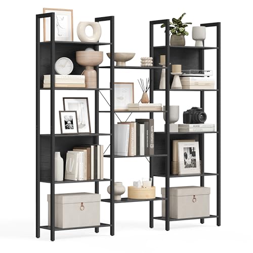 VASAGLE Buecherregal, Standregal mit 14 Ablagen, Regal mit Metallrahmen, fuer Wohnzimmer, Arbeitszimmer, Buero, Industrie-Design, 24 x 158 x 166 cm, ebenholzschwarz-tintenschwarz LLS107B56
