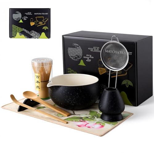 Kit de Té Matcha Tradicional, Juego de Té Matcha 8 Piezas – Tazón de Cerámica Artesanal, Batidor de Bambú, Soporte y Cuchara Kit Completo para Ceremonia de Té Japonesa en Casa (negro)