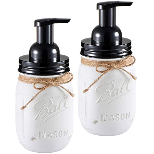 Mason Jar Foaming Soap Dispenser - with 16 Ounce Painted Ball Mason Jar for Bathroom Vanities,Kitchen Sink,Countertops - Made from Rust Proof Stainless Steel Lid and BPA Free Pump / White,2-Pack