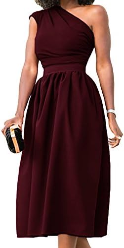 Nashion Women Summer Vintage Casual Formal Cocktail Party Prom Wedding Evening Graduation Church Office One Shoulder Sleeveless Wrap Midi Dress for Junior Wine Red,L