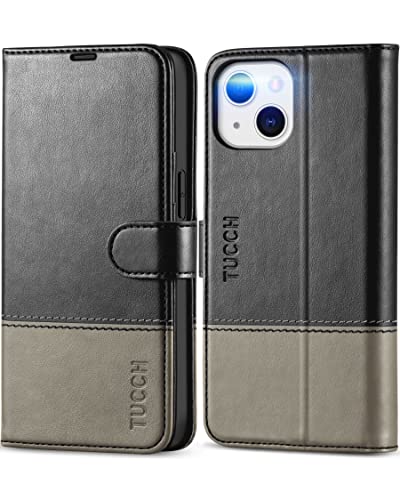TUCCH Wallet Case for iPhone 13, [RFID Blocking] [Card Slot] Stand with [Shockproof TPU Interior Case] PU Leather Magnetic Flip Cover Compatible with iPhone 13 6.1-inch 2021, Black & Grey