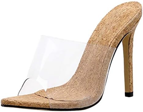 Copercn Womens Ladies Simple Fashion Faux Cork Sole Wide Transparent Band Peep-Toe High Stiletto Heel Slip-on Pointed Sandals Summer Daily Outing Shopping Refreshing Shoe