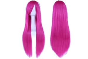IMISSU 80cm Long Straight Natural Hair Cosplay Wigs with Bangs Colorful Halloween Costume Party Wig for Girl (Rose)