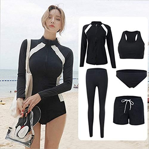 RIRUI Swimsuit Ladies, 5 Sets, Long Sleeve Swimwear Women, Diving Suit Sun Protection Clothing, Trousers Split Surf Suit Floating Wetsuit,Black,M