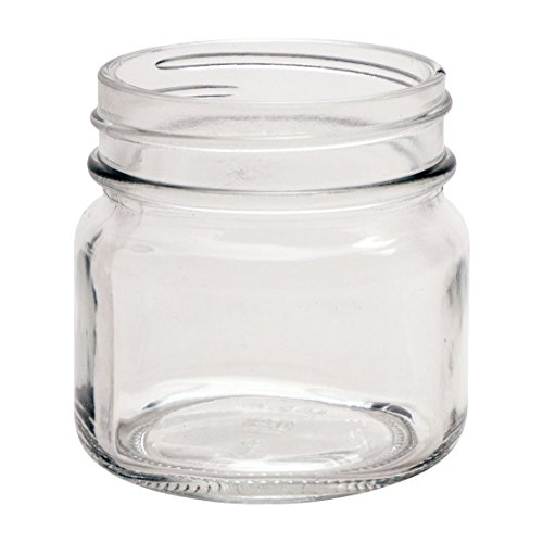 North Mountain Supply 8 Ounce Glass Smooth Square Regular Mouth Mason Canning Jars - With Silver Metal Safety Button Lids - Case of 12