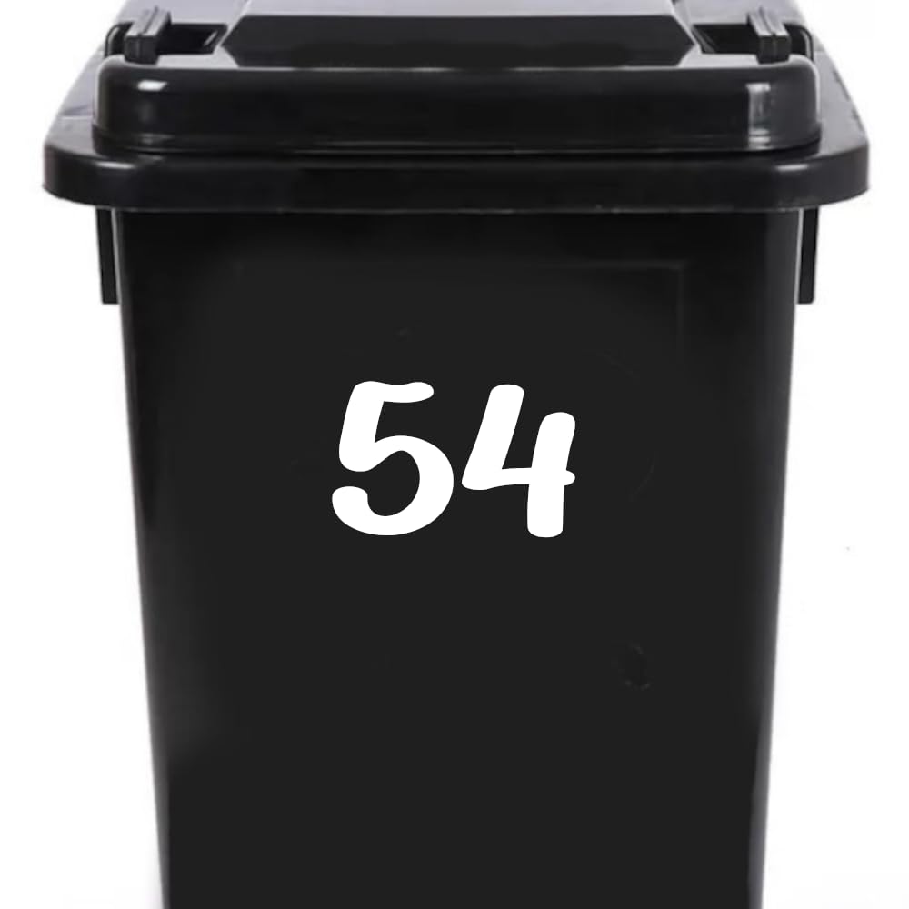 Pack of 4 House Number Wheelie Bin Stickers - Waterproof Decals - Easy-to-Apply - Recycling Boxes - Party Decorations (54)