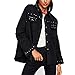 Hiuwa Womens Denim Jacket Studded Frayed Hem Coats Black Lapel Single Breasted