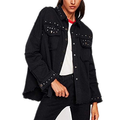Hiuwa Womens Denim Jacket Studded Frayed Hem Coats Black Lapel Single Breasted