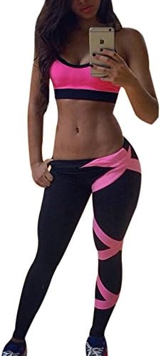 HelloPretty Women 2pc Sportwear Tank Top+Ninth Pants Yoga Fitness Tracksuit Casual Suit (M, pink and black)
