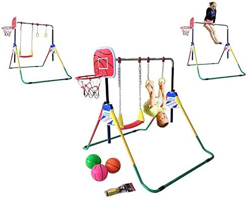 ProKidFit Kids Jungle Gym Monkey Bar Kip Bar 4 in 1 Deluxe Full Playground Climbing Hanging Power Tower w Swing Set, Trapeze Rings, Basketball Hoop, Horizontal Gymnastics Junior Training Fitness