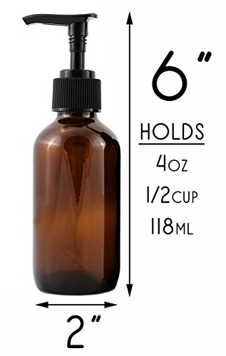 4oz Amber Glass Boston Round Pump Bottles (4 Pack); Great for Lotions, Liquid Soap, Aromatherapy and More