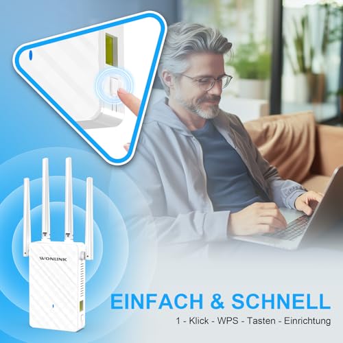 WONLINK WLAN-Verstärker, WLAN Repeater 1200 Mbps Dualband Internet Verstärker mit 4 Antennen, Ethernet-Port, WPS & MU-MIMO Unterstützt Repeater Router AP Modus Signalanzeige Ideal für Zuhause und Büro