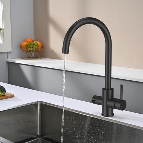 DETBOM 3 Way Kitchen Sink Tap for Osmosis Systems, 3 in 1 Double Lever Drinking Water, Hot and Cold, 360° Swivel, Stainless Steel, Matt Black