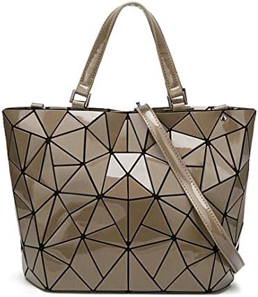 Fashion Women Geometry Diamond Folding Handbag Shoulder Bag Hologram Luminous Bag Coffee