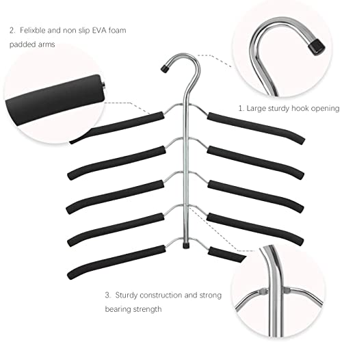 Arabest Hangers Space Saving, 2 Pcs 5 in 1 Magic Multiple Stainless Steel Metal Hanger, Multi Layer Hangers Non Slip Metal Foam Padded Clothes Hanger Coats Hangers for Household Space Saver (Black)