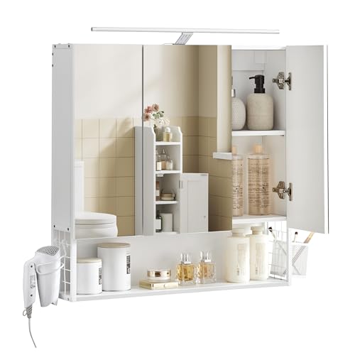 VASAGLE Spiegelschrank Bad mit Beleuchtung, Stecker, 3 Spiegeltüren