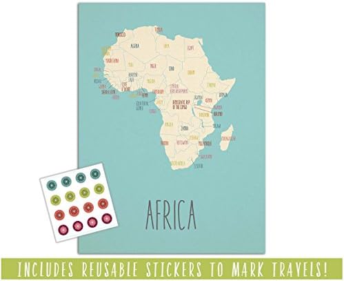 Kid's Customizable Africa Map (Blue) - Introduce Geography Around the World - Large Wall Print Incl. 16 Reusable Stickers to Mark Travels - Perfect for Bedrooms, Playrooms, &amp; Classrooms (11"x14")