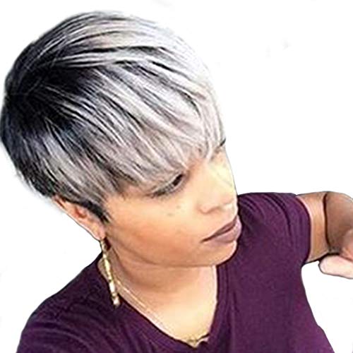 TopWigy Short Human Hair Wigs for Black Women Layered Pixie Cut Mixed Human Hair Bob Wigs 8 Inches Ombre Silver