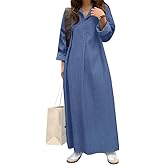 Plus Size Solid Maxi Denim Dress for Women Casual V Neck Button Down Flowy Long Sleeve Jean Dress with Pockets