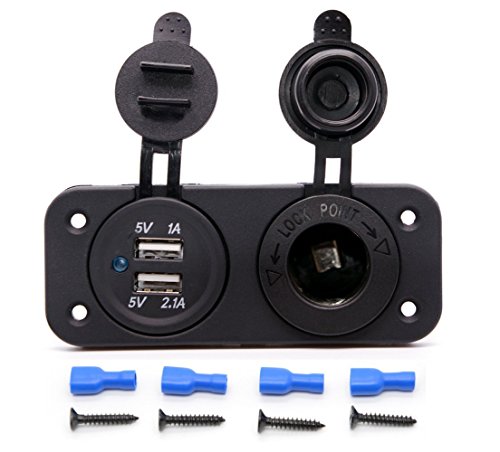 Cllena 12V Cigarette Lighter Socket Dual USB Power Outlet Charger Adapter for Marine Boat Rv Camper Motorbike Riding Mower Tractor Car Apple/Android Devices etc.