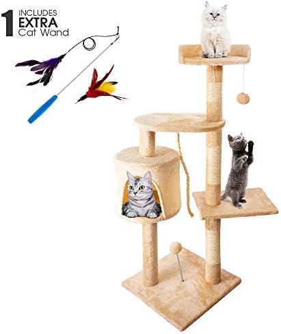 Cat Tower Tree with Cat Wand,Sisal-Covered Scratching Posts,Kitty Play House Pet Furniture for Cat Playing and Climbing(43.3x15.7x15.7In)